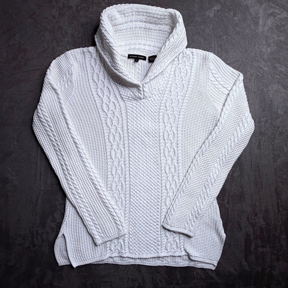 Jeanne Pierre Sweater Womens S White 100% Cotton Cable Knit Cowl Neck Fisherman